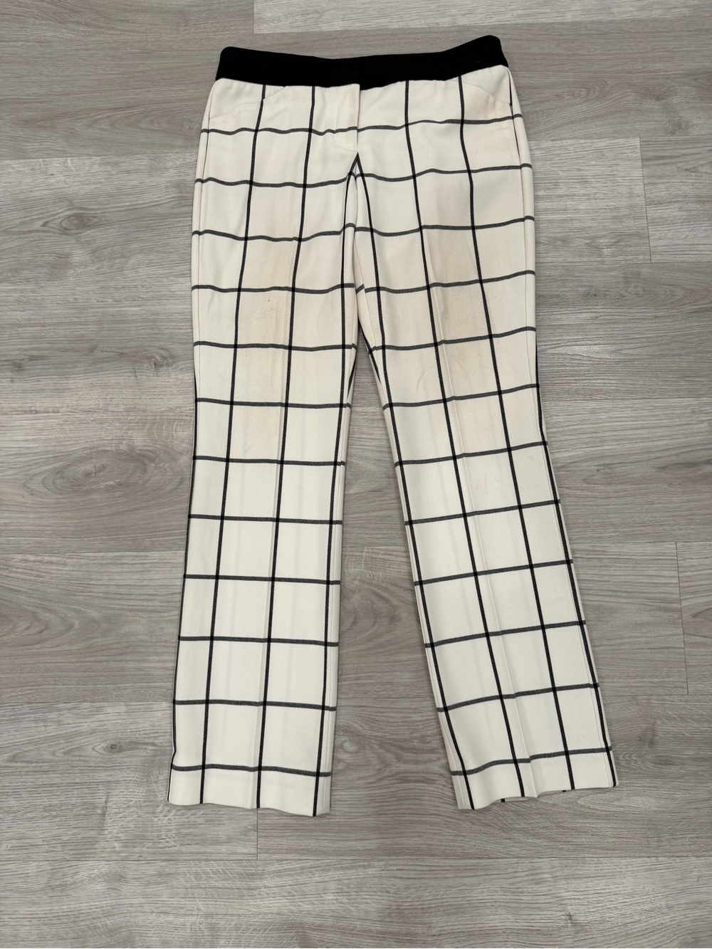 Express Brand Women's Cream Windowpane Straight Leg Pants with Black Waistband